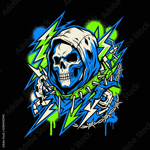 Vibrant skull in a hooded cloak with lightning and barbed wire