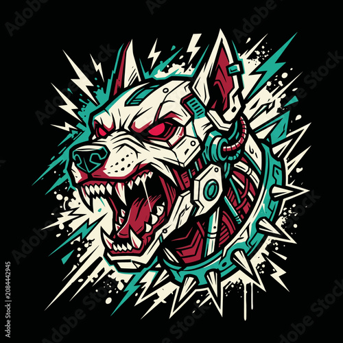 Stylized mechanical dog head with glowing red eyes and sharp fangs