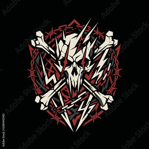 Aggressive skull and crossbones design with barbed wire