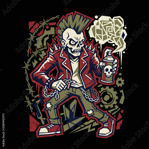 A rebellious punk skeleton character with a mohawk holds a spray can