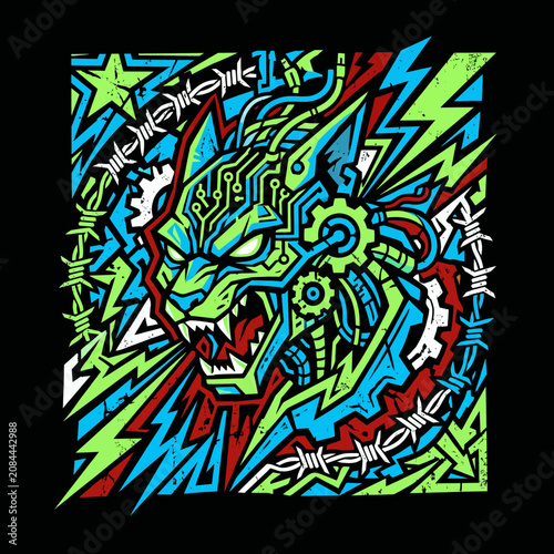 Roaring cybernetic beast head with circuit patterns and barbed wire