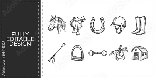 Tableau sur toile Equestrian sports and horse riding gear hand drawn icons featuring saddle horses