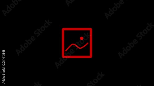 Iconography representing digital image gallery features a square frame with a stylized landscape element in vivid red on a solid black background designed for minimalist user interface design.