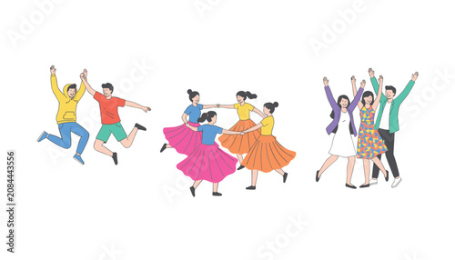 Happy groups of friends in casual attire jumping and dancing together during social gatherings or festive outdoor events.
