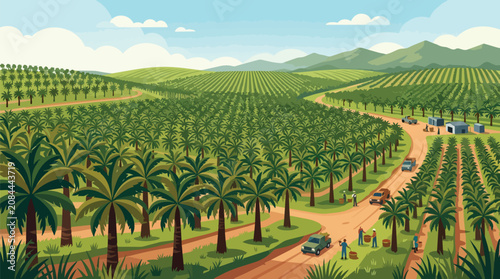 Tropical Palm Oil Plantation with Workers Harvesting on Agricultural Farm under Blue Sky and Mountainous Horizon