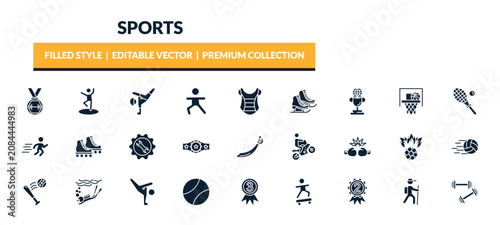 Foto filled sports icons set - weight lifting medal, dancer motion, breakdance, world cup