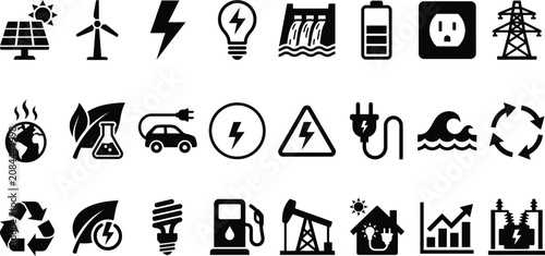 Renewable and conventional energy sources icon set for sustainability with renewable sustainability environment electricity industry technology hydropower electric resources