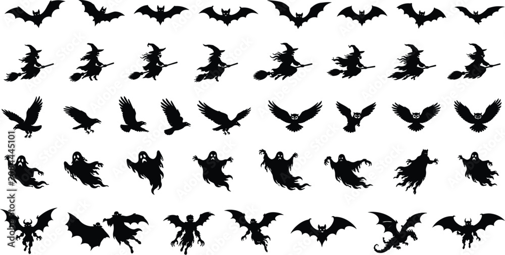 Fototapeta premium Halloween Silhouette Pattern With Witches Bats Ghosts And Mythical Creatures