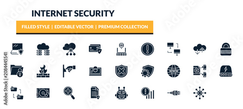 Tableau sur toile filled internet security icons set - ddos, antivirus, cloud server, access denied