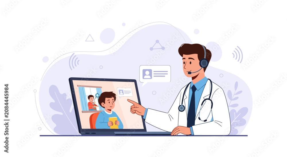 Fototapeta premium Doctor consulting patient online via video call, telemedicine concept, remote healthcare, digital health, doctor on laptop screen with stethoscope