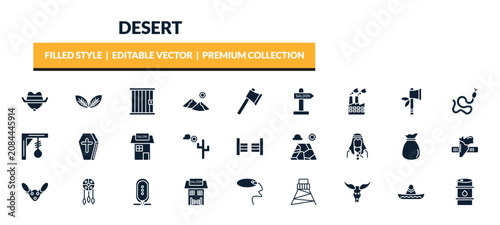 Foto filled desert icons set - cowboy hat, tobacco, jail, industry