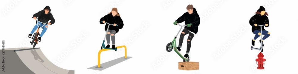 Obraz premium Set of Flat Vector Illustrations Featuring Teens Performing Urban Stunts and Extreme Sports on BMX Bikes and Scooters