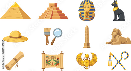 Foto Ancient Egypt Archaeology and History Icon Set with Pyramids, Sphinx, Pharaoh Ma