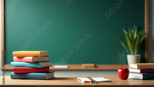 Stack of books and iteration stationery on the background of the school board Education and