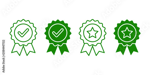 Award badge and quality certification ribbon icons with checkmark and star line and glyph styles isolated on transparent background