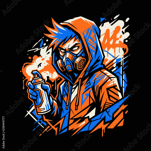 Urban character in a hoodie and gas mask holding a spray can