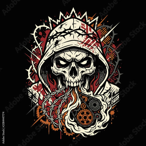 A menacing skull in a hood exhales fire and barbed wire