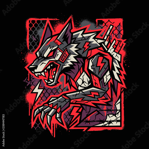Dynamic stylized wolf illustration with vibrant red and grey colors