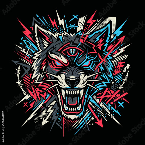 Vibrant abstract wolf head with a third eye and geometric patterns