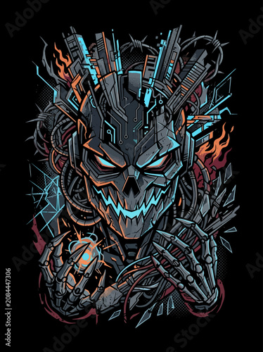 A menacing cybernetic skull holds a glowing energy orb in its hands