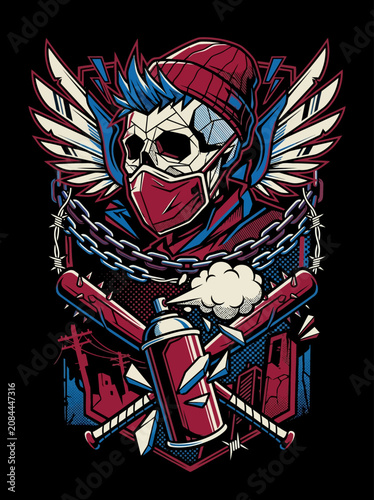 Edgy skull illustration with mask, beanie, wings and bats