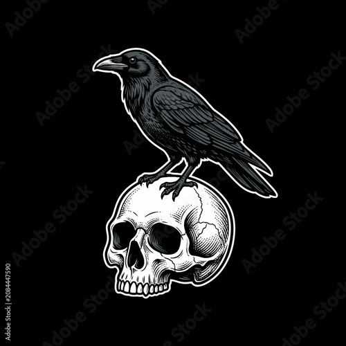 Schilderij op canvas A black raven stands perched upon a detailed human skull