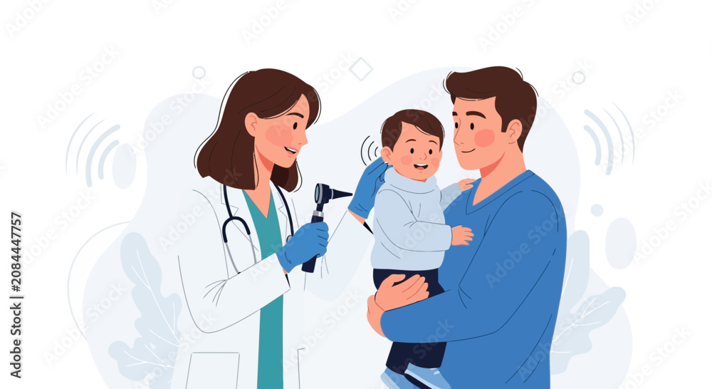 Fototapeta premium Doctor Examines Child's Ear, Father Holds Son during Medical Check-up, Healthcare Concept Vector Illustration