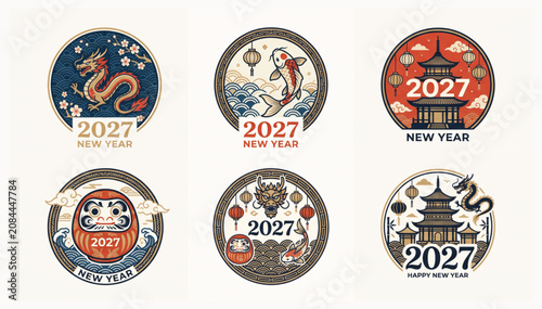 Set of circular badges for chinese new year 2027 with illustration festival traditional celebration ornament greeting horoscope prosperity oriental collection