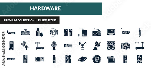 Foto filled hardware icons set - recharge, keyboard wire, pendrive with cover, system unit