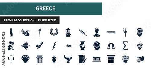 Obraz na płótnie filled greece icons set - robe, pegasus, sports torch, armor