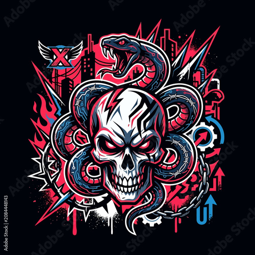 фотографія A menacing skull and snake illustration with urban elements