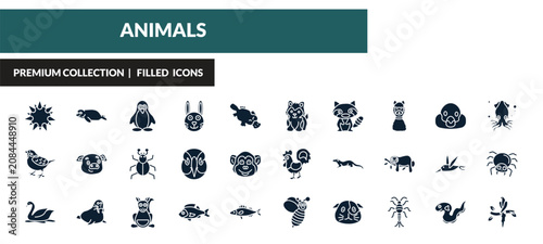 Konstfotografi filled animals icons set - sea urchin, seal, penguin, sparrow