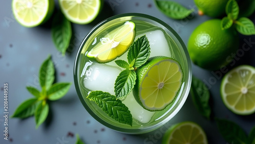 And transparent ice ar iteration beautiful modern house creative Mojito cocktail top view with lime