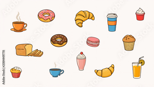 Cute Hand Drawn Food Doodle Icon Collection with Coffee and Pastries