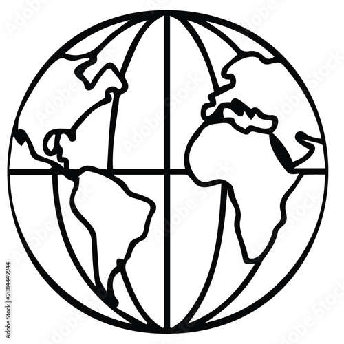 Tablou pe pânză Global earth sphere map grid vector illustration isolated as simple black line art