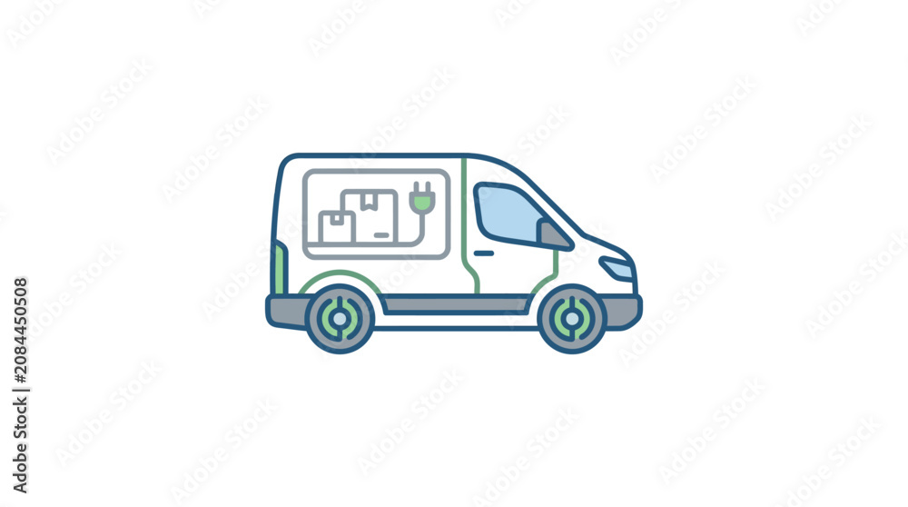 Fototapeta premium A green and blue line drawing of a van drives on a city street