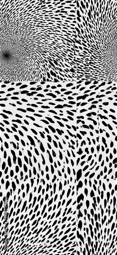 Irregular ink droplets creating a swirling abstract vortex seamless pattern. Black ink droplets forming a dense spiral movement
