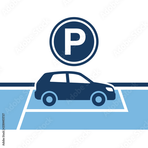 Schilderij op canvas Blue vector icon of a car parked in a designated space