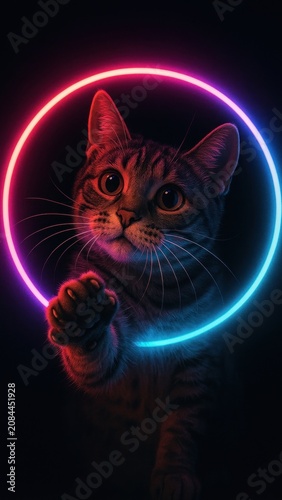 Cat with neon circle mobile wallpaper