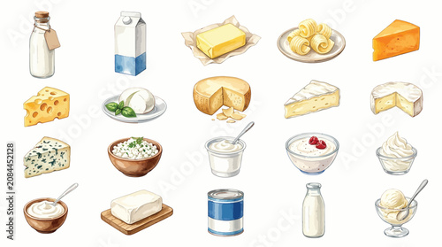 Schilderij op canvas A collection of various dairy products, including milk, cheese, butter, and yogurt, presented in a watercolor illustration style