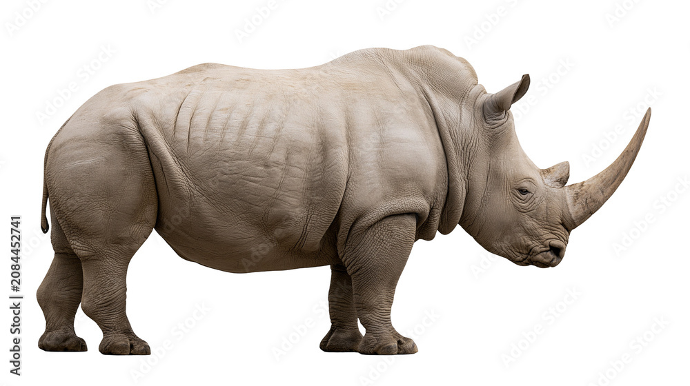 Fototapeta premium Massive white rhinoceros with large horn, isolated on transparent background