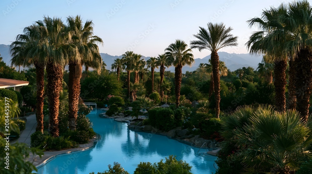 Fototapeta premium A serene resort pool surrounded by tall palm trees and lush greenery under a clear sky with distant mountains