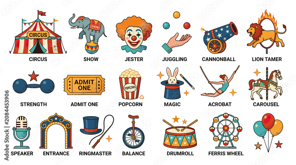 Naklejka premium Circus Icons and Symbols Set: Funfair Entertainment, Performance, and Celebration