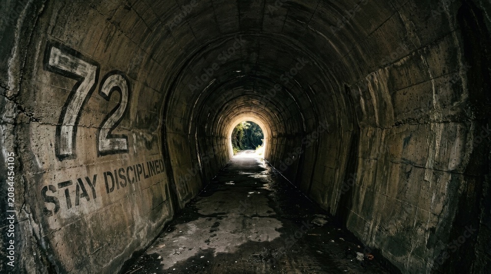 Fototapeta premium Wide angle view of a dark concrete underground tunnel with the number 72 and the motivational quote Stay Disciplined stenciled on the wall leading toward a bright sunlit exit.
