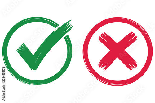 Hand drawn brush style green checkmark and red cross icon set for positive and negative decision
