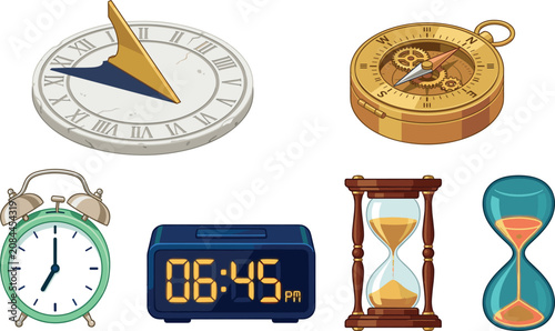 Antique and Modern Time Management Icon Set with Sundial Compass Alarm Clock Digital Timer and Hourglass Vector Elements for Game UI Design