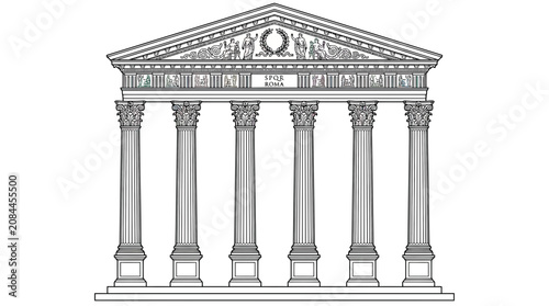 Cuadro en lienzo Ancient Greek Temple Facade with Ionic Columns and Pediment Illustration