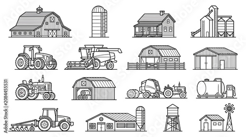 Tableau sur toile Farm Buildings and Agricultural Machinery Vector Icons Collection