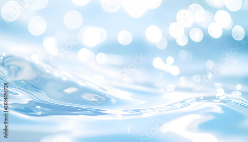 淡いブルーの透明な水面と光のボケ、清潔感のある保湿スキンケアの抽象背景 / Clear Pale Blue Water Surface with Glowing Bokeh, Clean Abstract Background for Moisturizing Skincare