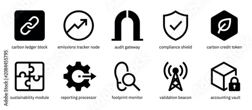 Set of ten black glyph icons for carbon credit and sustainability concepts, featuring a ledger block, emissions tracker, compliance shield, token, and sustainability module